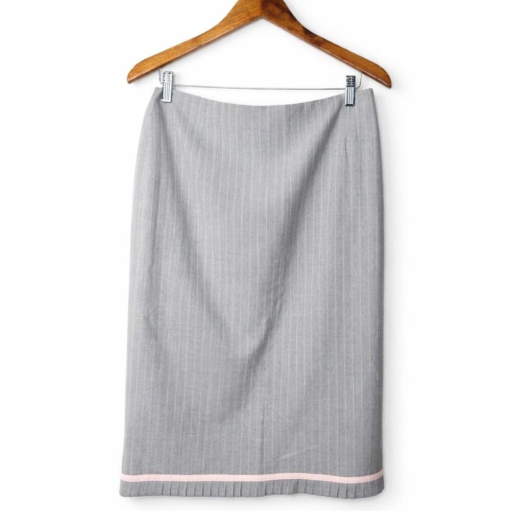 Carlisle Designer Gray Pinstripe Pencil Skirt | Size 10 | Wool Blend | Back Slit
